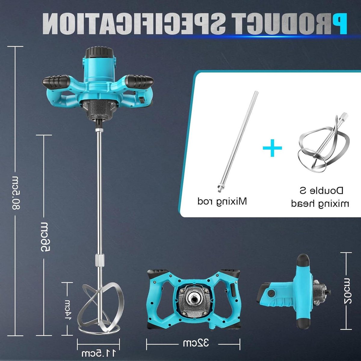 Betonmenger - Mortelmixer Roerder - Bouwmaterialen Mengen - 6 Snelheden Instelbaar - 120 mm Garde - Zwart