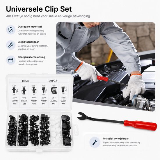 Een set auto-interieurclips en een clipverwijderaar in een opbergdoos, gemonteerd in een auto-motorruimte.