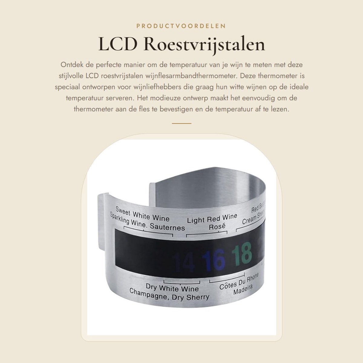 Dailygoods- Wijnflesthermometer Snelle Temperatuurweergave - LCD Scherm - Roestvrij Staal - Modieus Ontwerp - Geschikt voor Witte Wijnen - Veilig en Stevig - Wijnthermometer