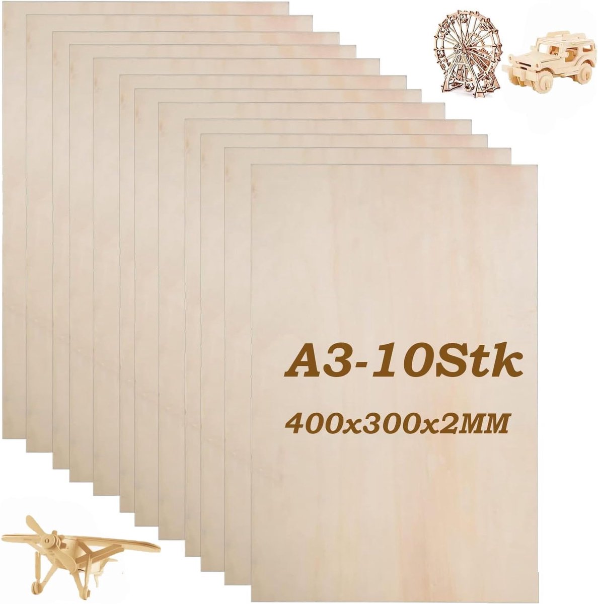 10x Multiplex Platen Lindehout 400x300mm - 2mm Dik - Knutselhout voor Modelbouw en Schilderen
