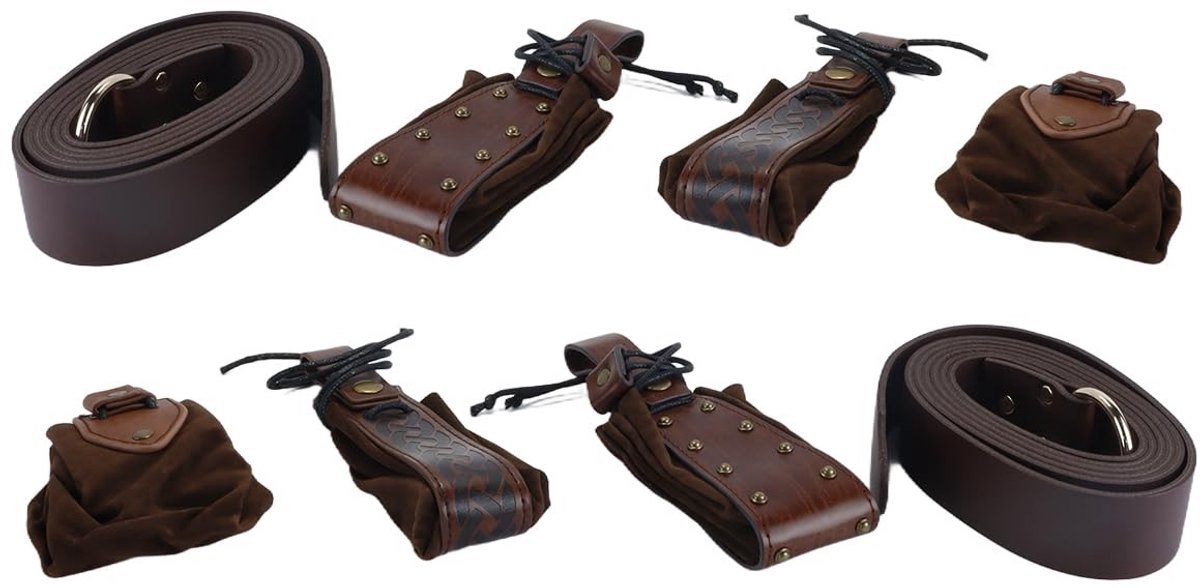 Dailygoods- Riemtas middeleeuws - 4-delige set - Trekkoordtas - Imitatieleer - Bruin - Geschikt voor LARP en cosplay - Heuptas