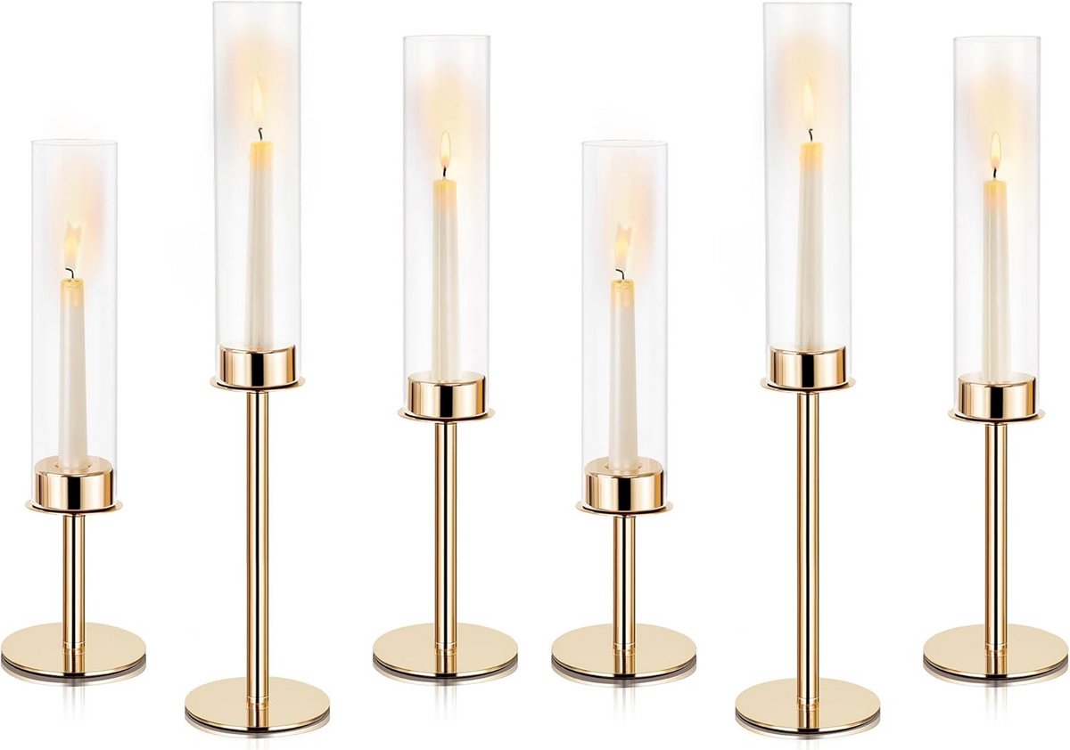 Gouden kandelaars set - Glazen houders - Sfeervol dineren - Kristallen details - Set van 6 - Goud