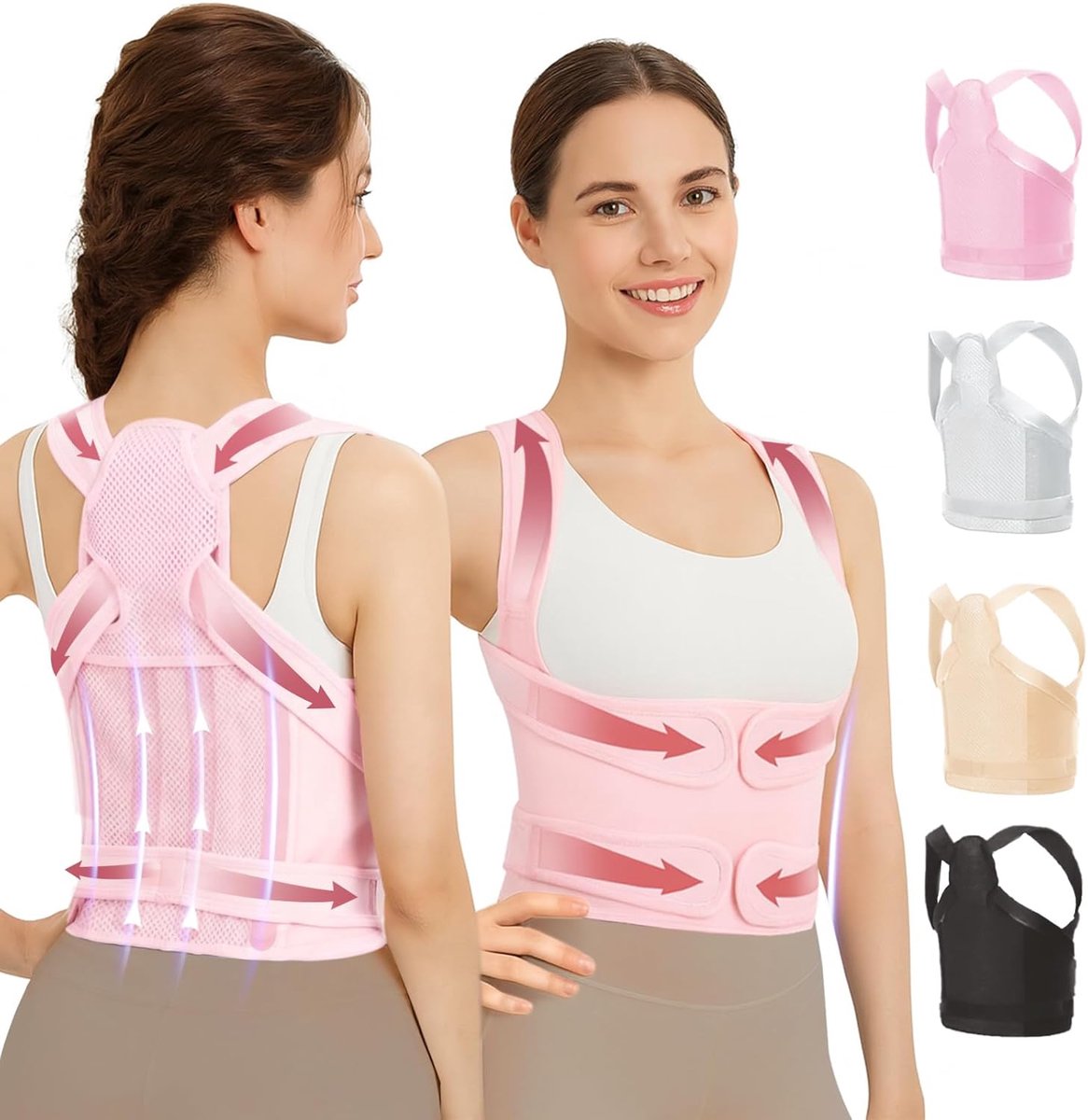 Houdingscorrector, houdingstrainer, rugcorrector, rugsteunband, schoudercorrector, unisex (roze S)