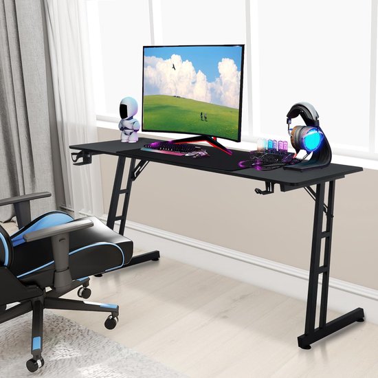 Grote Gaming PC Tafel 160x60 cm Zwart - Stabiel Bureau met Carbon Fiber, Kopjeshouder en Kabelgaten — afbeelding 4