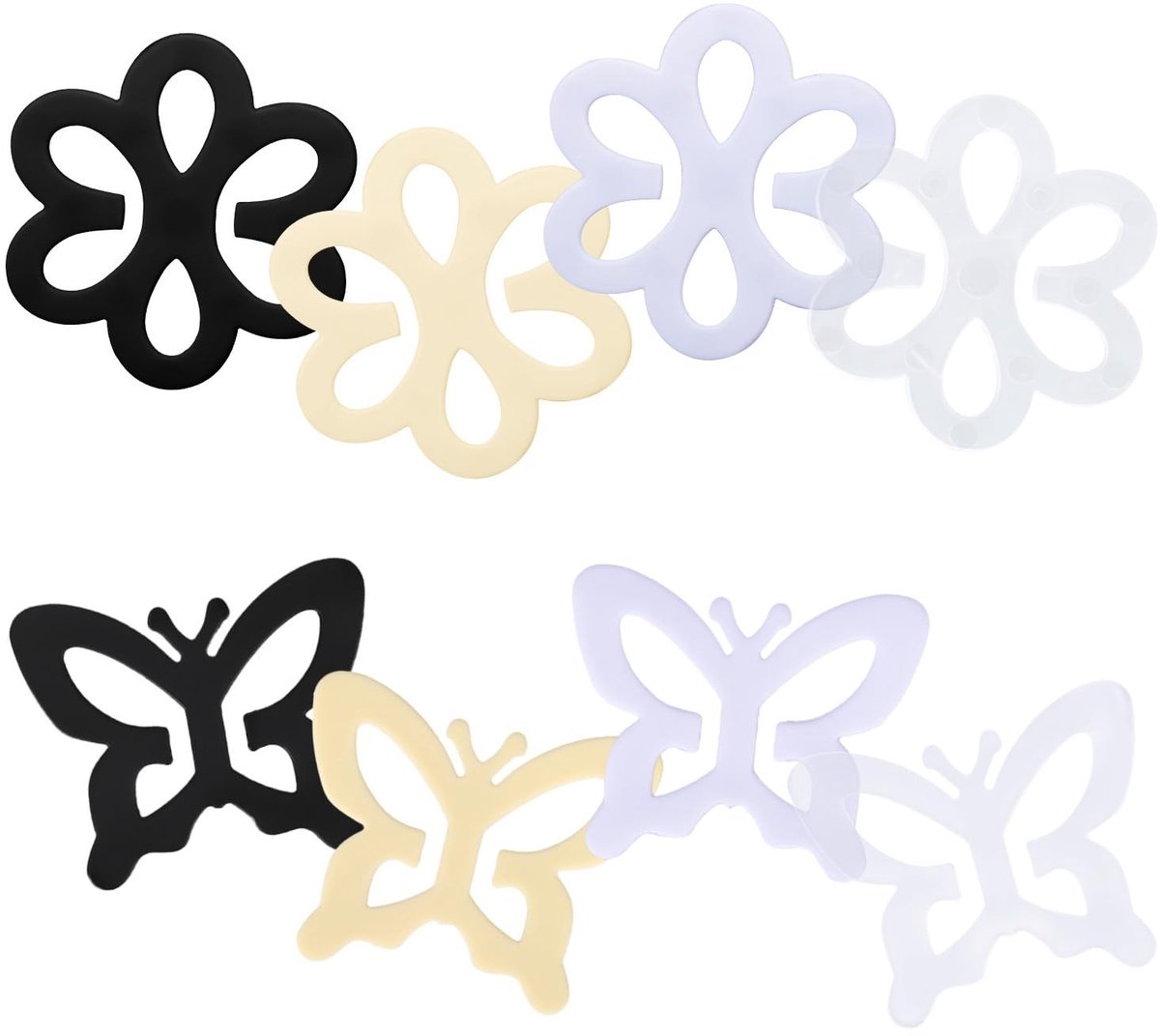Dailygoods- BH-Bandclips 8 Stuks - Racerback-Bandhouders - Vlinder/Bloemvorm - Kunststof - Zwart/Transparant/Melkwit/Beige - 5x6cm/5,2x5,7cm - Bh-converter
