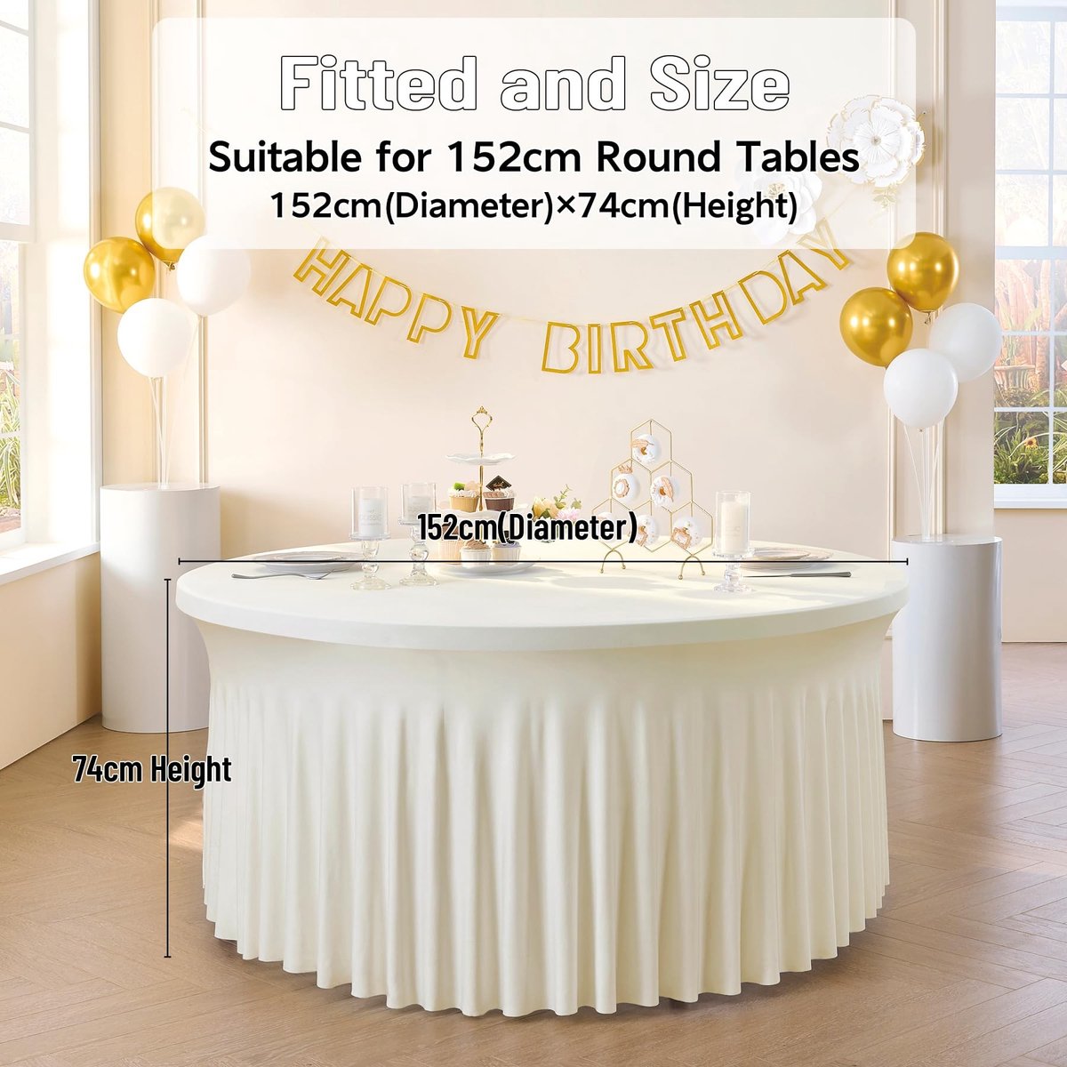 Dailygoods- Tafelkleed Rond 152 cm - Elastisch - Kreukvrij - Stretch Spandex - Ivoor - Geschikt voor Feesten/Bruiloften - Tafelrok