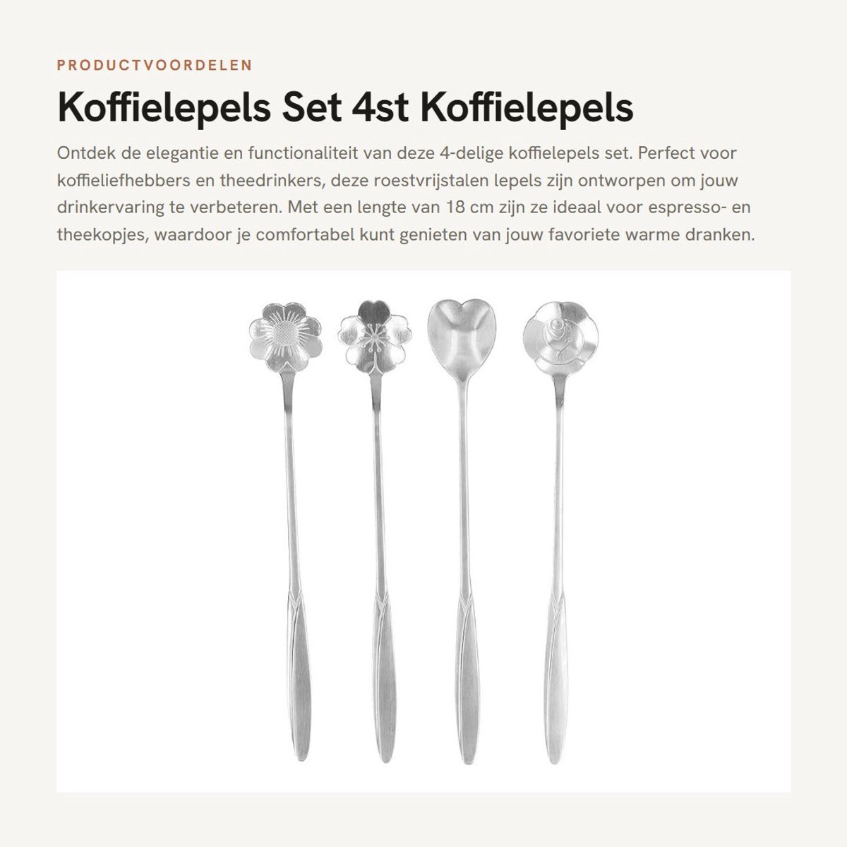 Dailygoods- Koffielepels Set 4 Stuks - Roestvrij Staal - 18 cm - Ergonomische Handgreep - Bloemvorm Ontwerp - Geschikt voor Koffie/Dessert - Theelepels