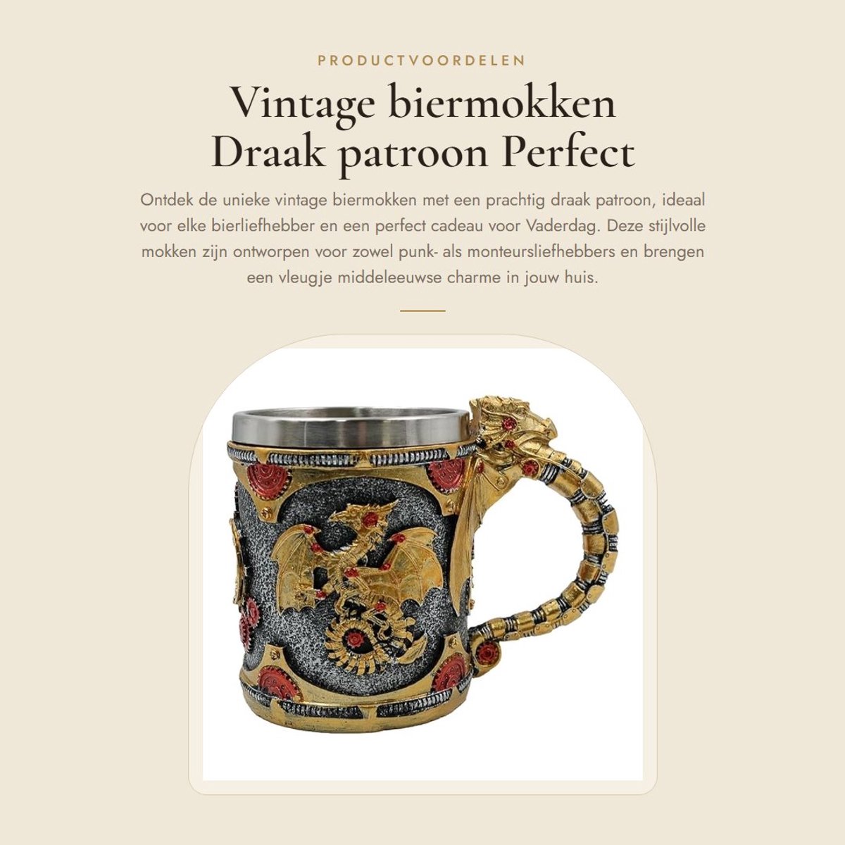 Dailygoods- Biermok Vintage Draak Patroon - Vaderdag Cadeau - 400ml Capaciteit - 304 Roestvrij Staal - Duurzaam - Uniek Design - Beker