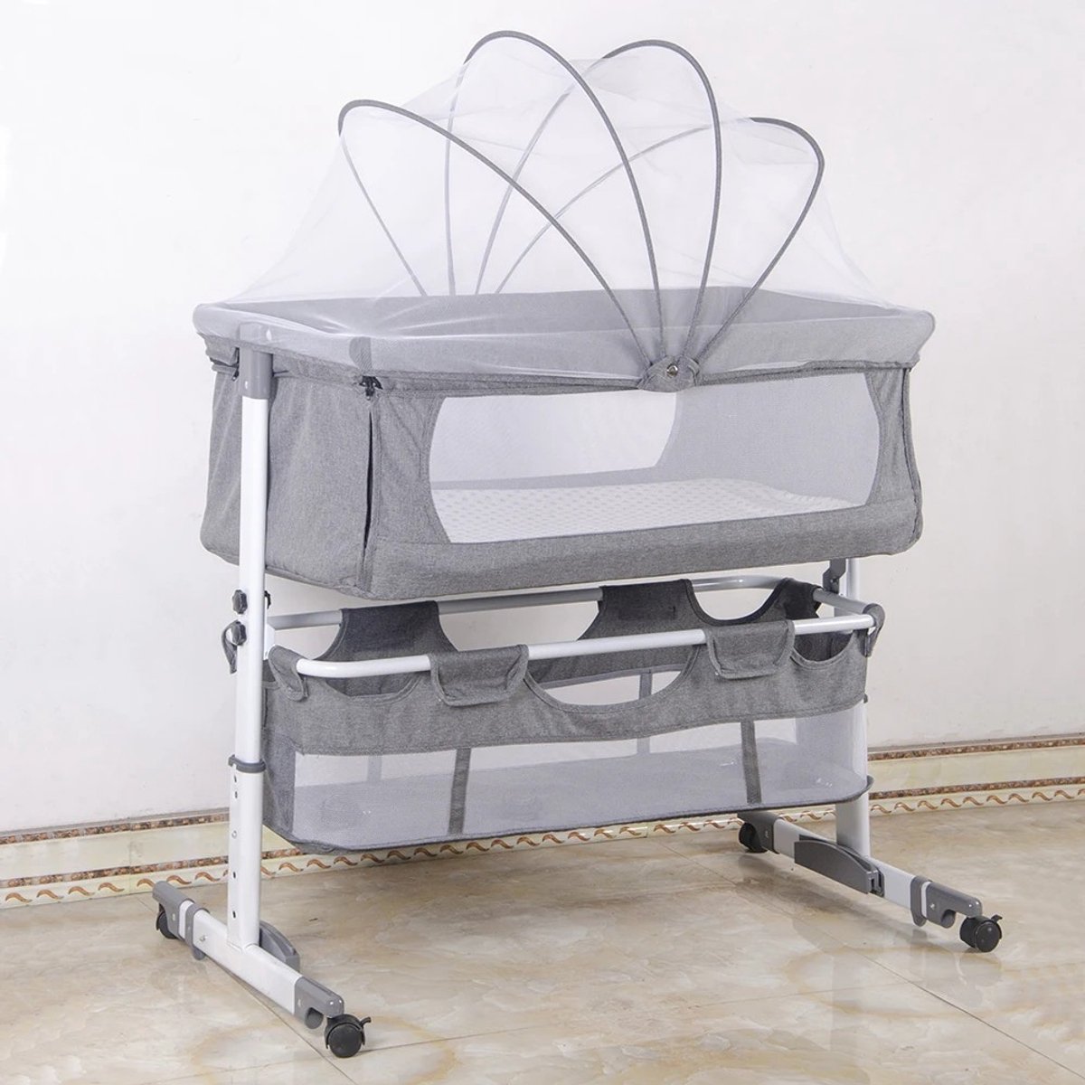 Dailygoods 3-in-1 babybedje, babywieg met klamboe, reisbed met matras, verstelbaar, met opbergmand, mobiel babynest