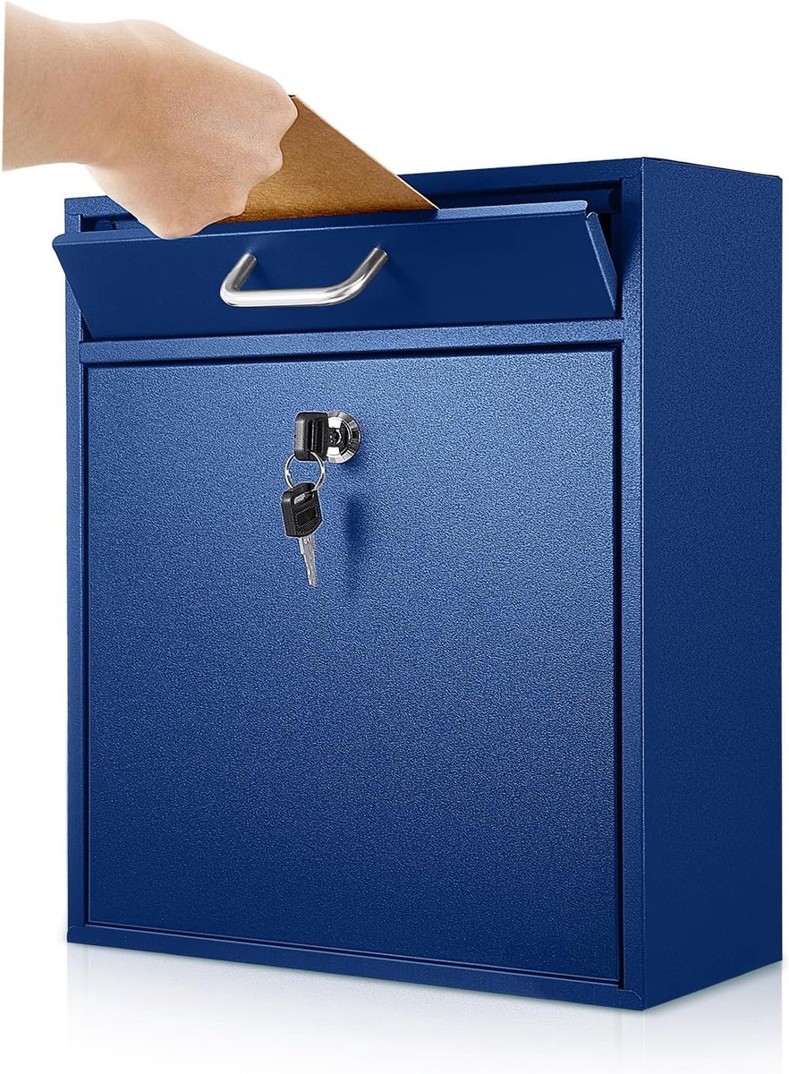 Grote, Vergrendelbare Buitenbrievenbus met Slot en Sleutel - Weerbestendig Metaal - Donkerblauw