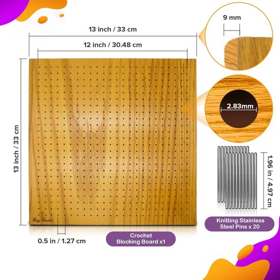 Blokkeerplank Haken - Breimat - Projecten Vormgeven - 484 Gaten Precisie - 11 x 11 Inch - Houtkleur — afbeelding 2