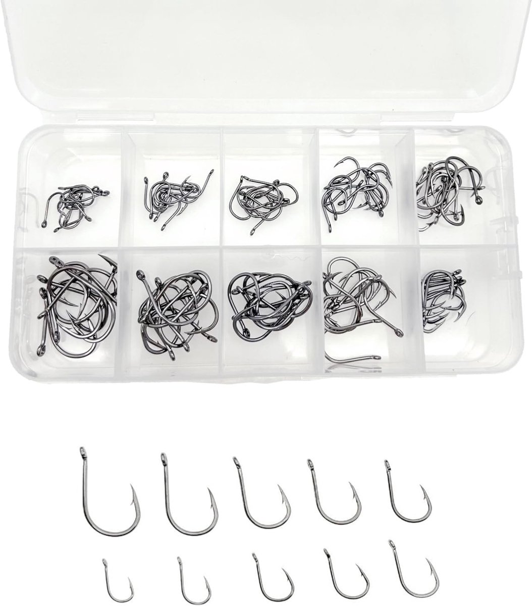 Dailygoods- Vishaken 100 Stuks - Koolstofstalen Vishaken - Met Ogen - Met Weerhaak - Cirkelvishaken - Plastic Doos - Haak