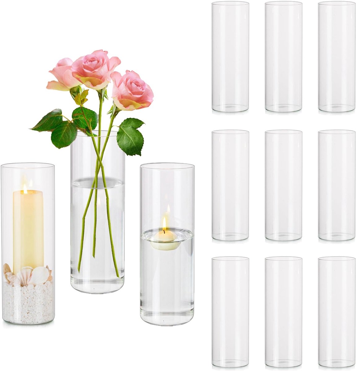 Dailygoods- Glazen Cilinder Vaas - Set van 12 - 20cm Helder Glas - Bloemenvazen voor Binnen - Hurricane Kaarsenhouder - Ronde Bloemenvaas - Bloemenvase