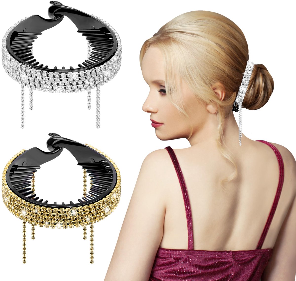 Bananenkam met strass - Haarspeld voor vrouwen - Dubbele haarclip - Elegant kapsel - Geschikt voor bruiloften - Hoogwaardig kunststof