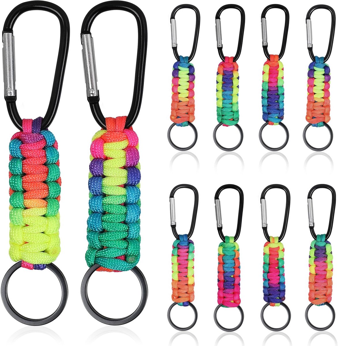 Dailygoods- Karabijnhaak - 10 x Sleutelhanger - Paracord - Korte gekleurde band - Duurzaam - Ideaal voor reizen en kamperen