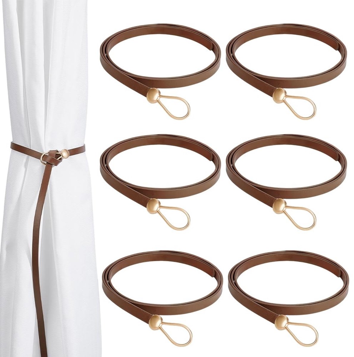 Dailygoods- Gordijnhouders 6 stuks - PU-leer - zonder boren - decoratief touw - minimalistische stijl - 1136 mm lang - Gordijnkoorden