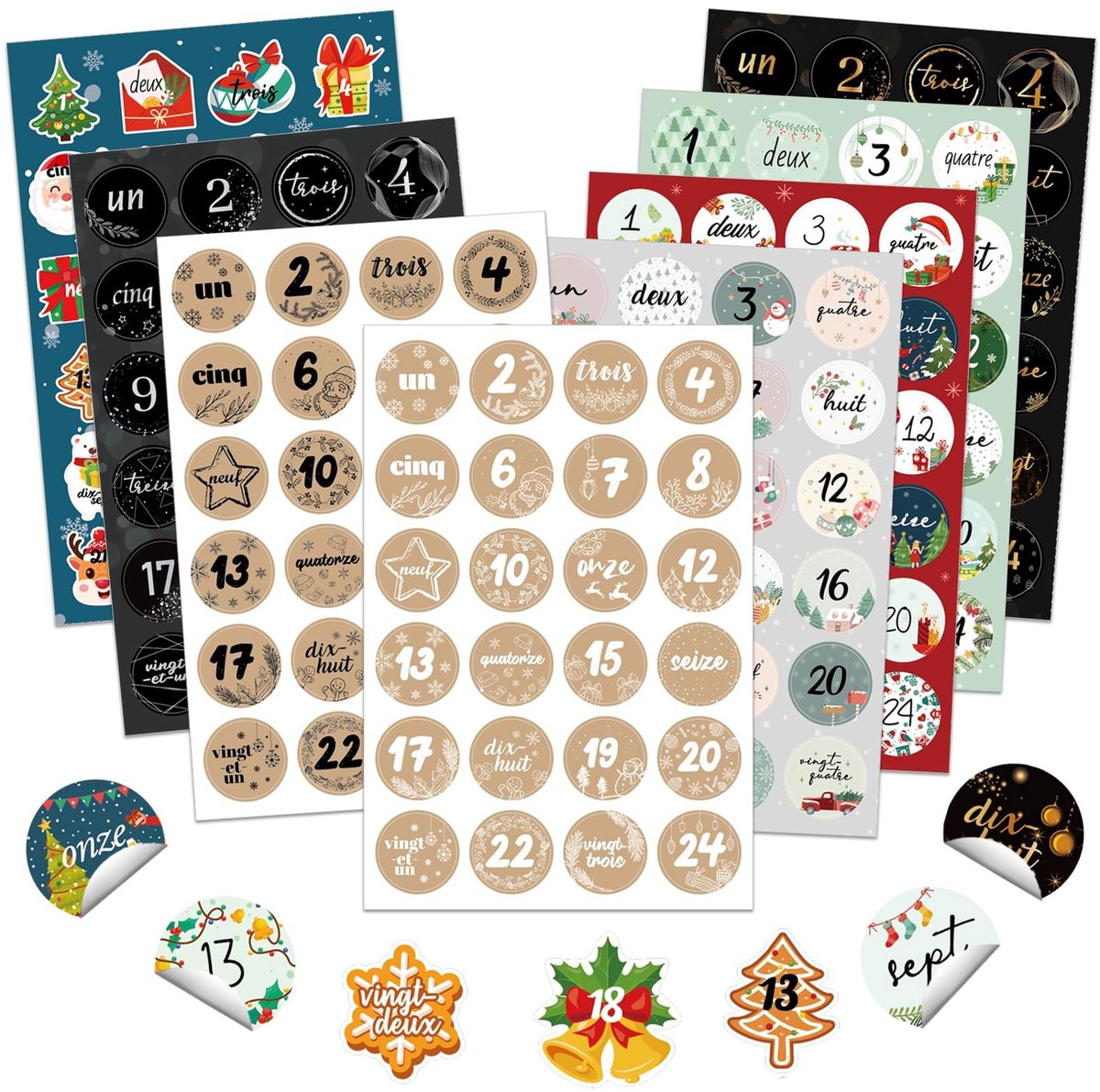 Dailygoods- Kerststickers Adventskalender 2024 - 1-24 Stickers - 8 vellen - Zelfklevend - Voor Knutselen - Kerstdecoraties - Adventstickers