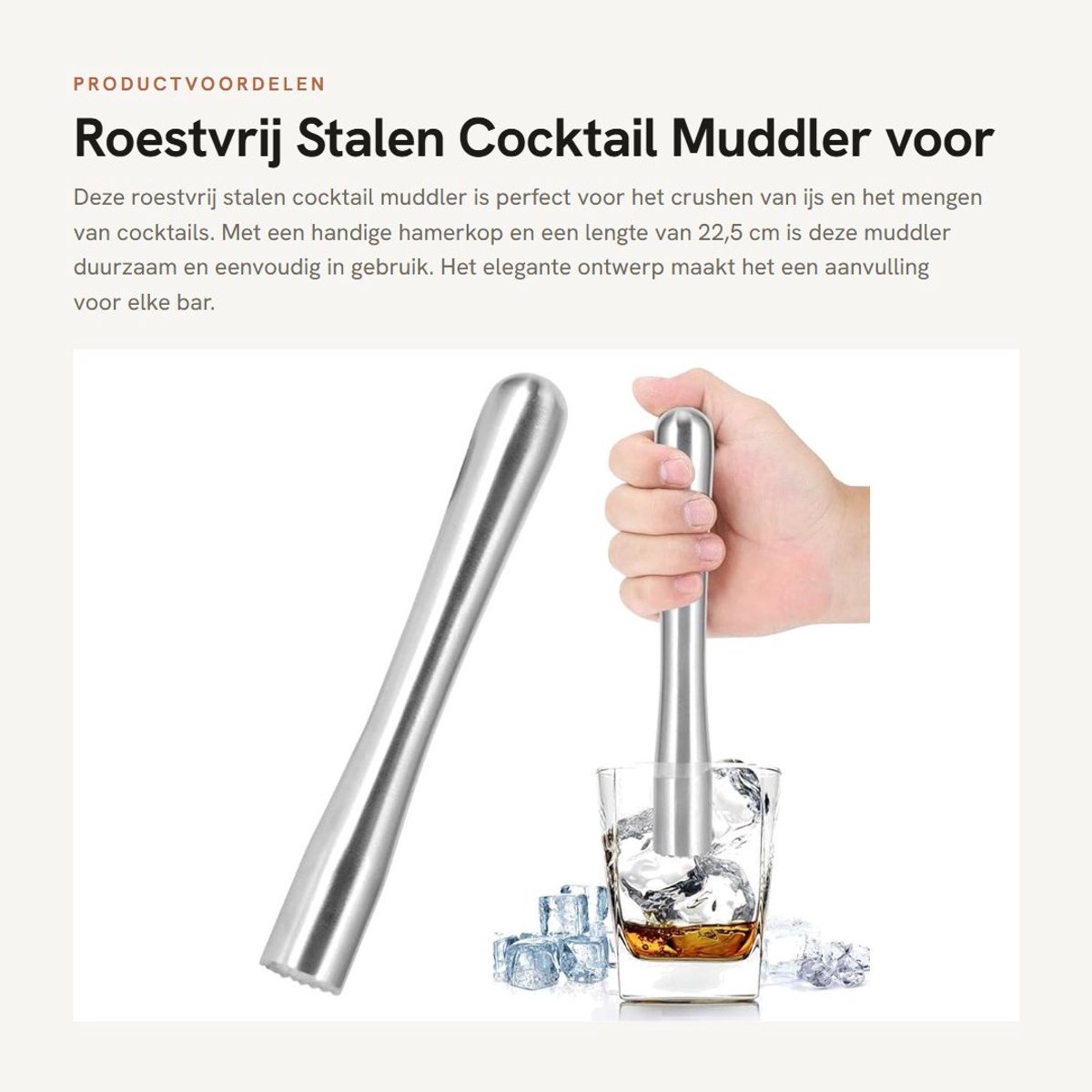 Dailygoods- Cocktail Muddler Roestvrij Staal - IJsbreker - Bar Gereedschap - Huishoudelijke Tool - Ergonomisch Handvat - Duurzaam en Slijtvast 22.5cm