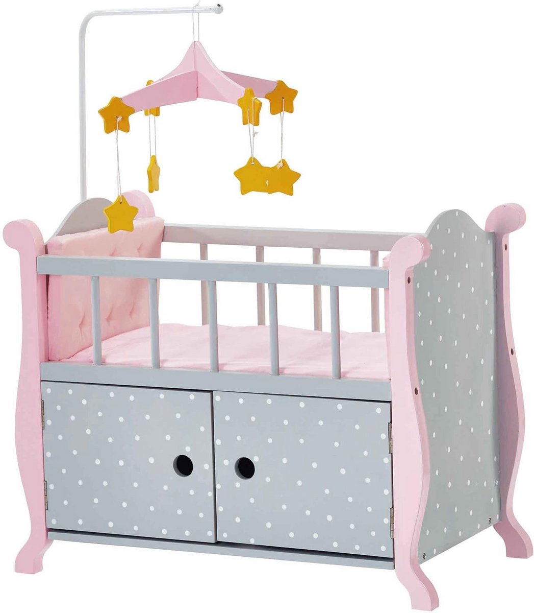 Poppenbedje met Kast - Poppenhuis meubel - Poppen verzorgen - Met Sterrenmobiel - 79 cm Hoog - Roze Grijs