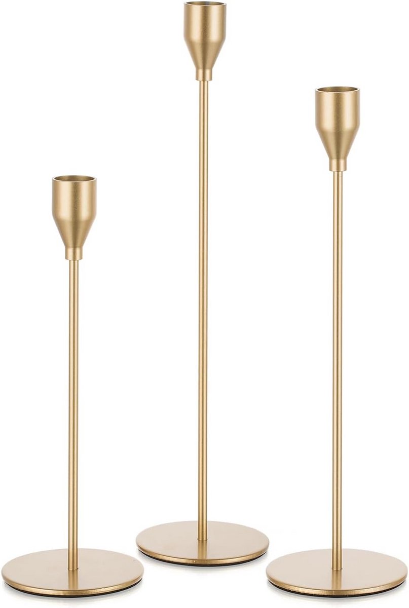Gouden Kaarsenstandaards - Set van 3 - Tafeldecoratie - Mat geborsteld metaal - 3 maten - Goud