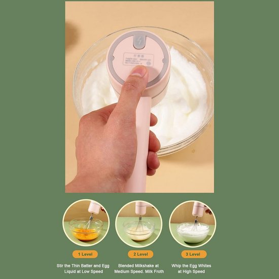 Handmixer Elektrisch - Keukenmixer Draadloos - Beslag Maken - 3 Snelheden Instelbaar - 20 cm Hoog - Roze — afbeelding 4