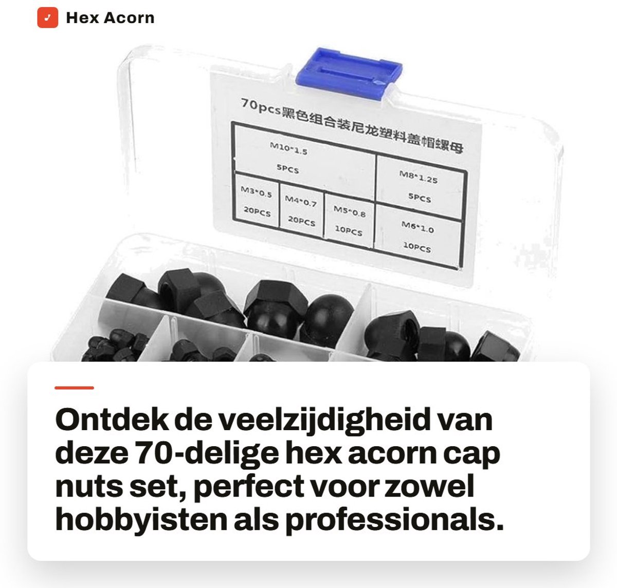 Dailygoods - Hex Acorn Cap Nuts - Assortiment - Zwart - Nylon Eikelmoer - 70 Stuks - Geschikt voor M3 tot M10