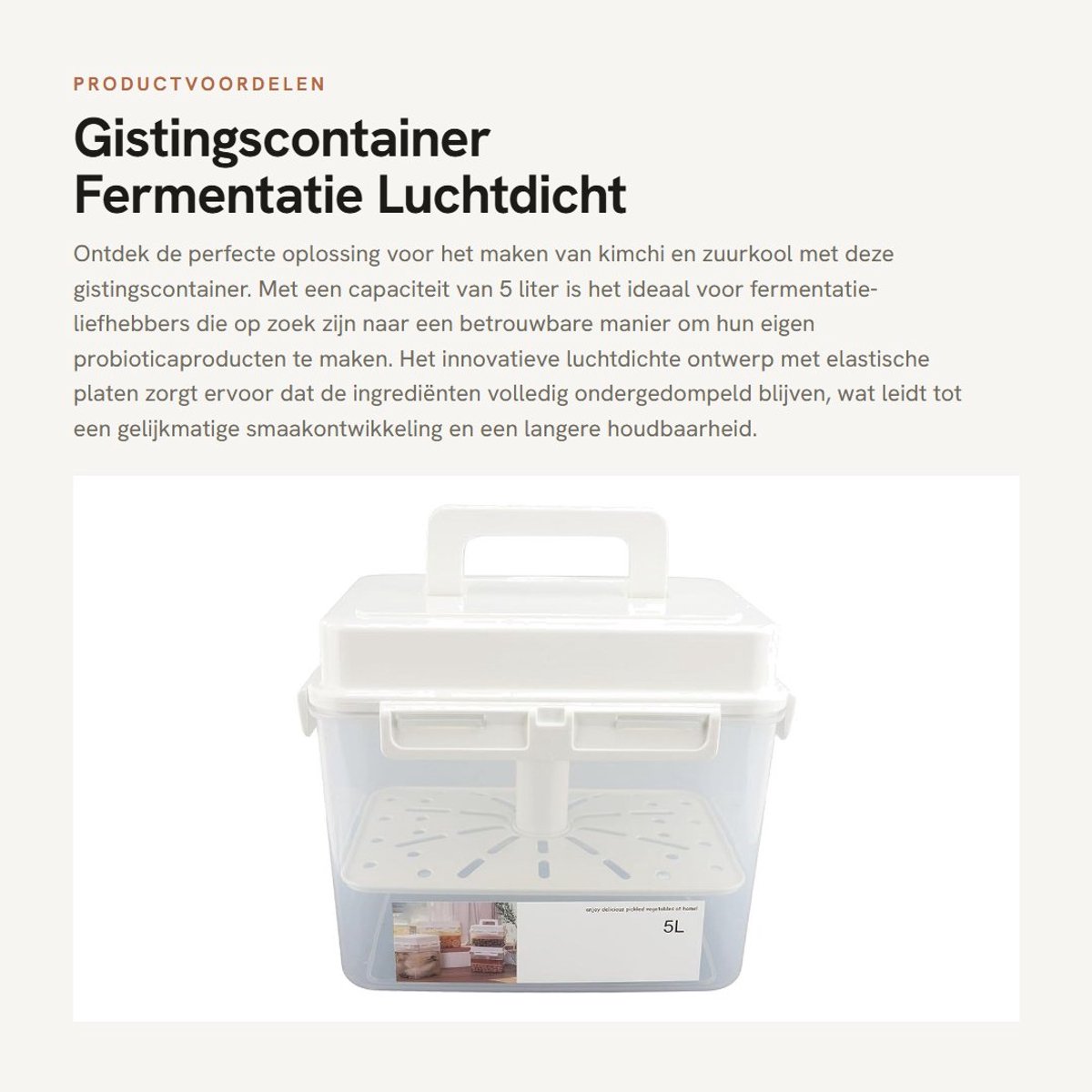 Dailygoods- Gistingscontainer 5L Capaciteit - Luchtdicht - Verzegeld Deksel - Draagbaar Handvat - Geschikt voor Probiotische Fermentatie - Gemakkelijk Op te Bergen - Fermentatiecontainer