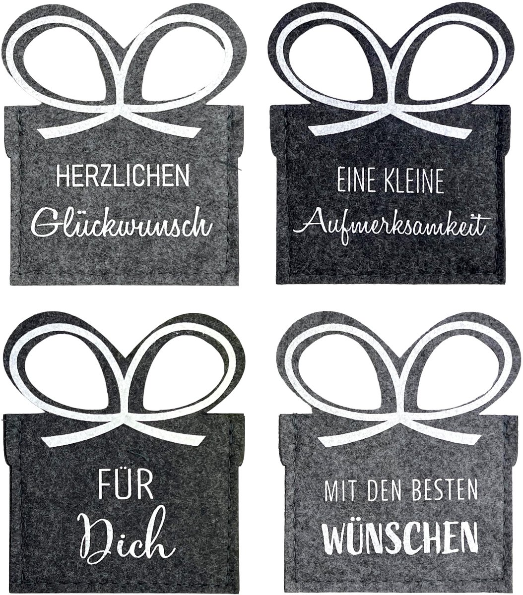 Dailygoods- Geschenkzakjes - Set van 4 kleine geschenktasjes - Hoogwaardig vilt - 100% polyester - 10 x 11,5 cm - Stijlvolle spreuken