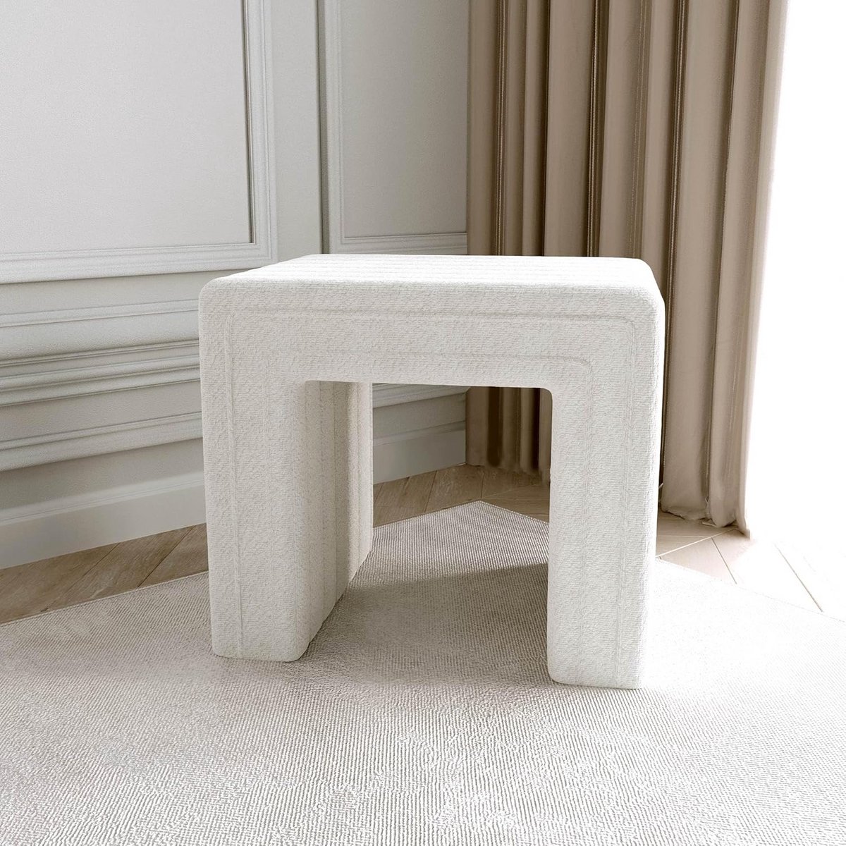Stoffen Voetenbank - Ottomaanse Kruk - Voeten Rusten - Stevig Frame - 43x49x40 cm - Wit Bouclé
