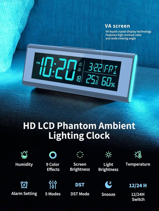 Digitale wekker - Slaapkamer klok - Wakker worden - Sfeerlicht functie - 21 cm - Wit — afbeelding 3