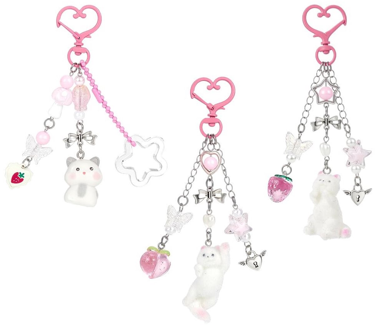 Dailygoods- Sleutelhanger Schattig - Kat Sleutelhanger - 3 Stuks - Roze - Legering - Uniek Ontwerp - Tascharms