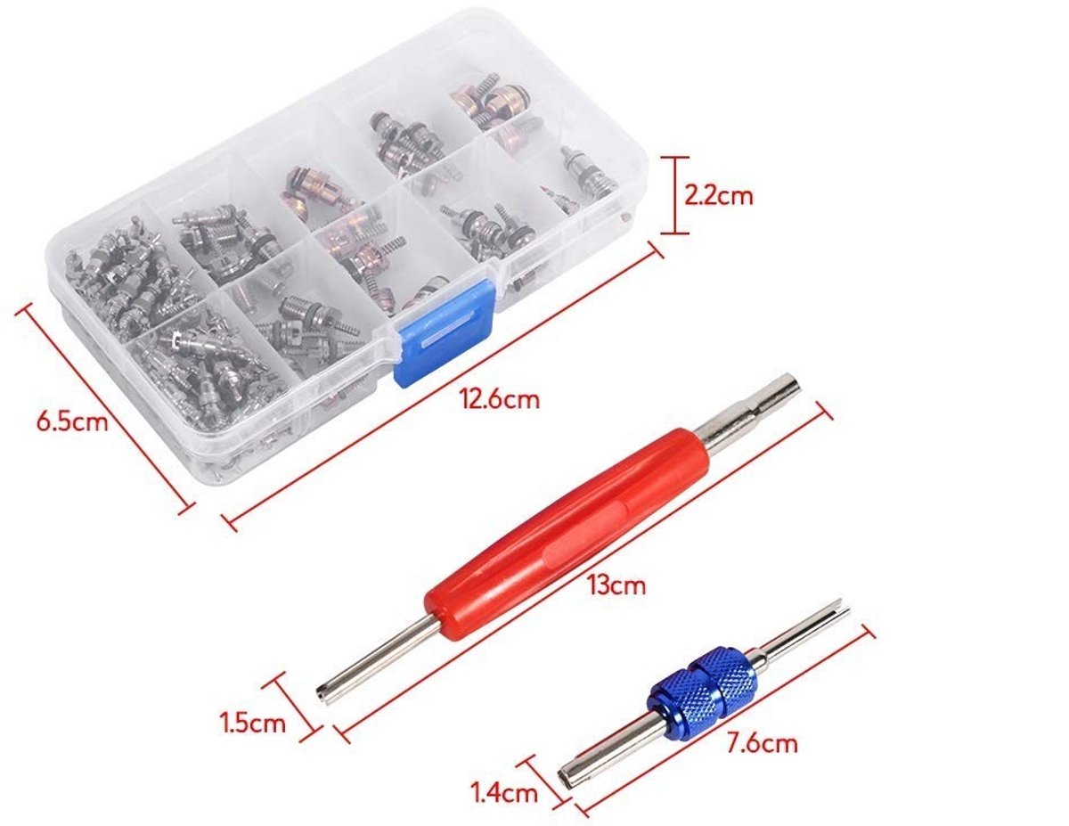 Dailygoods- A/C Kleppentrekker Set 102 Stuks - 100 Kleppen + 2 Verwijdertools - Aluminium/Plastic - Voor Auto's - Geschikt voor R134a/R12