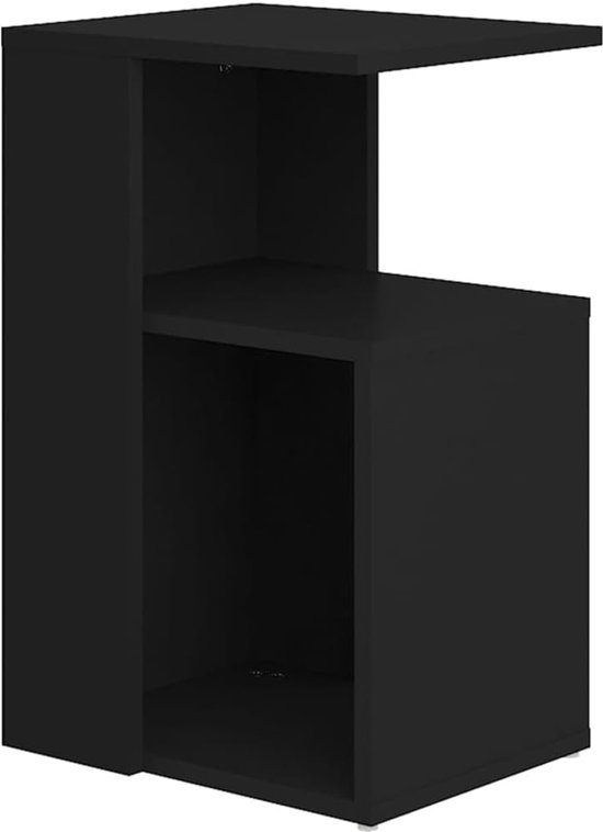 Zwarte bijzettafel met een minimalistisch C-vormig ontwerp en open schappen voor opslag.