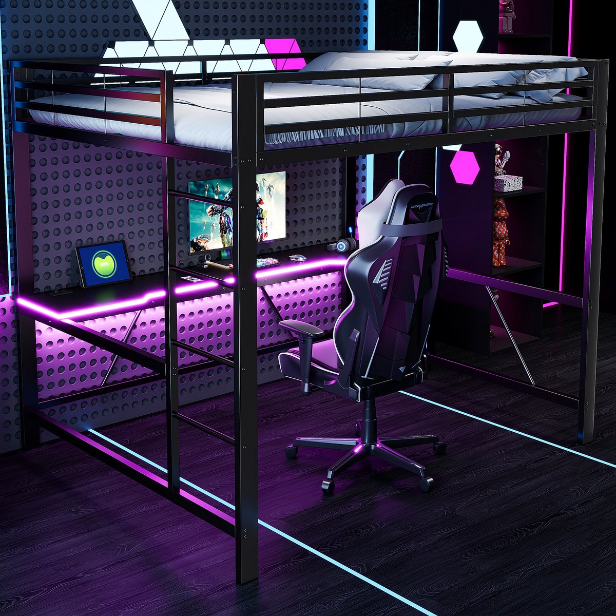 DESMIU Hoogslaper 160x200 cm Met Matras Zonder Matras Gaming Hoogslaper Met Bureau En LED Verlichting Voor Jongerenkamer Metaal MDF Zwart