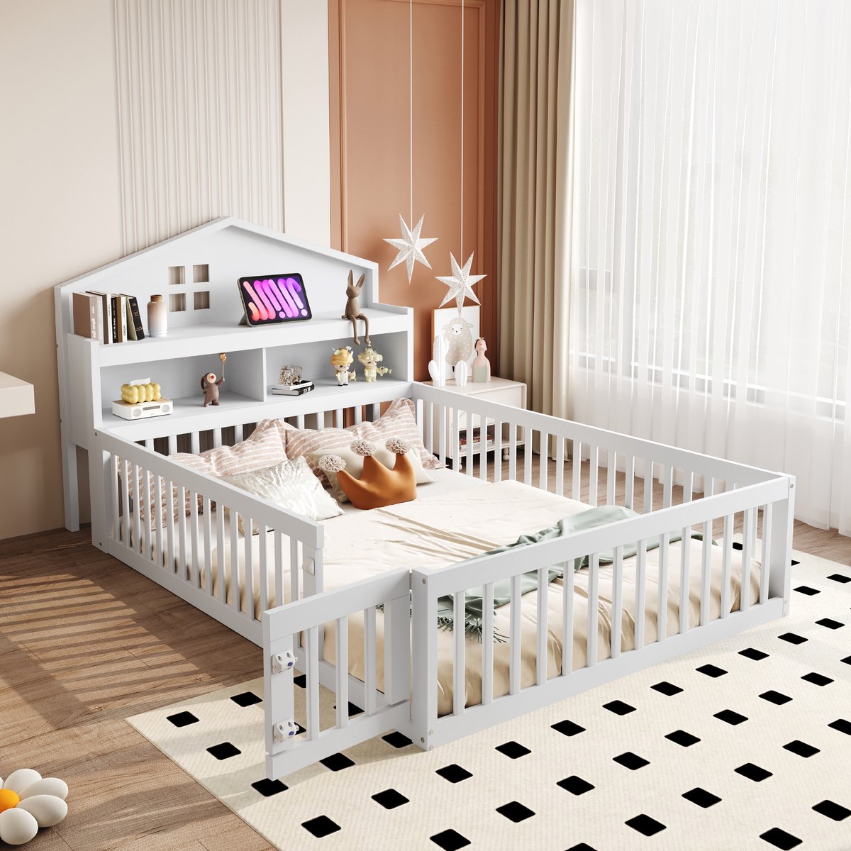 DESMIU Kinderbed 140 x 200 cm – Huisvormig Kinderbed Met Hoofdbordopslag – Met Lattenbodem En Deurtje – Voor Kinderkamer – Massief Hout – Wit – Zonder matras