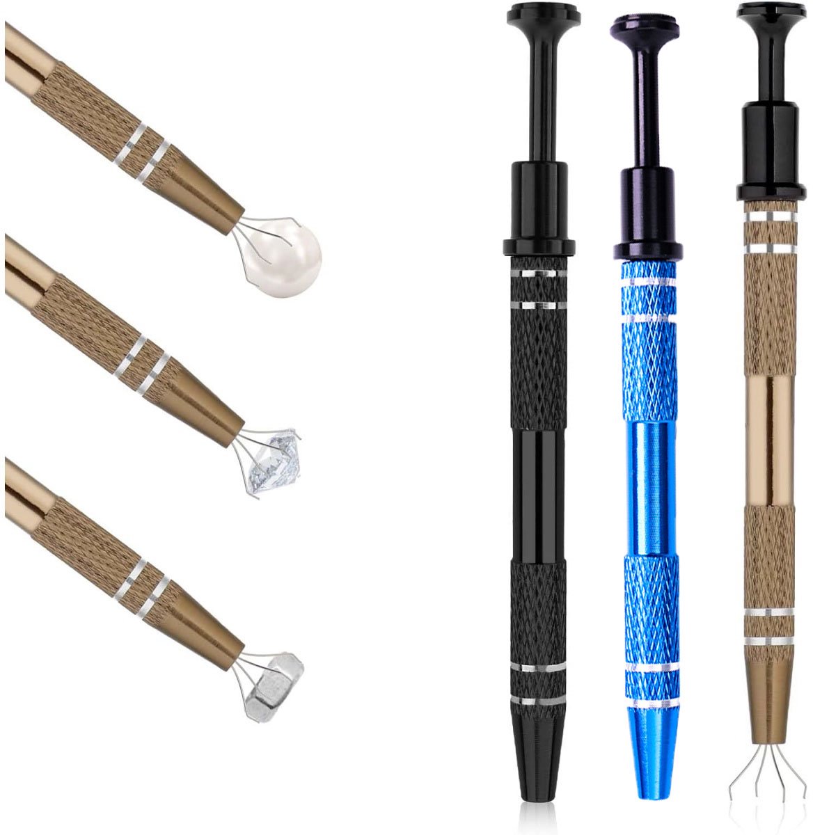 longziming - Precisie Opraaptool Set - 3 Stuks - 4-Klauw Grijper - RVS Pick-up Tool - Voor Kleine Onderdelen, Schroeven, Kralen en Reparaties - Zwart Blauw Bruin