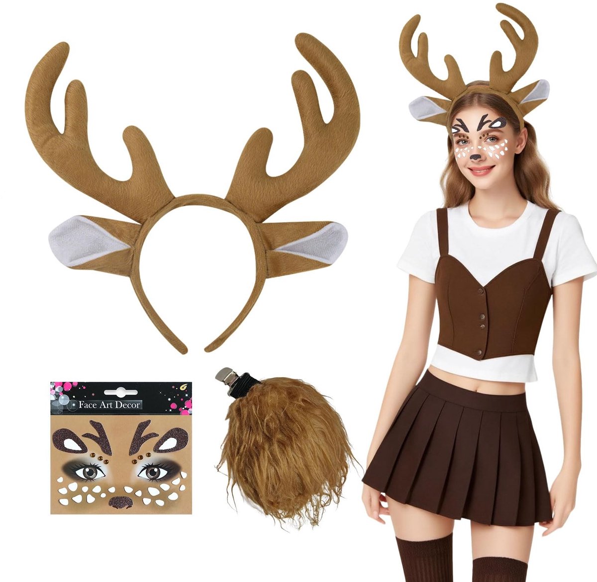 Dailygoods- Rendierkostuum Set - Rendiergewei Hoofdband - Hertenstaart - Tatoeagestickers - Dieren Kostuum Kind/Volwassenen - Polyester Materiaal - Dierenkostuum