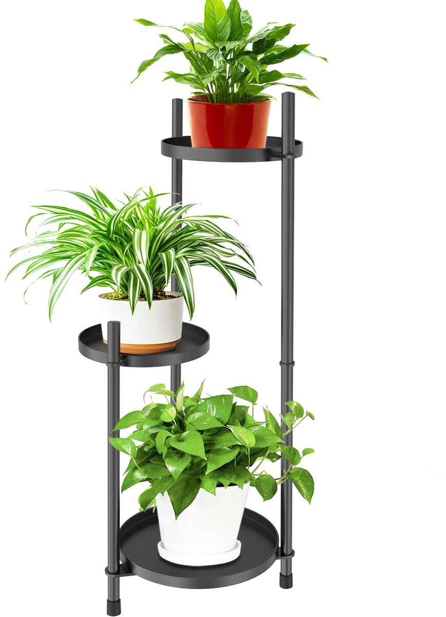 Dailygoods- Plantenstandaard Zwart - 3 Niveaus - Metalen Hoekplantenstandaard - Bloempotstandaard - Plantenrek Binnen/Buiten - Compact Ontwerp