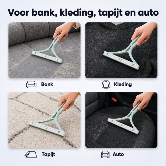 Collage montrant l'utilisation du dépilateur sur un canapé, des vêtements, un tapis et une voiture.