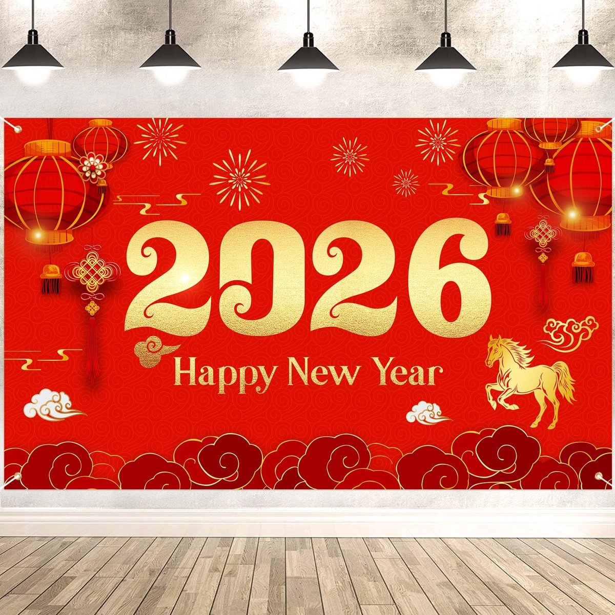 Dailygoods- Nieuwjaarsbanner Grote Chinese - Achtergrondbanner - Muurposter - 185 x 110 cm - Polyester - Duurzaam - Lint inbegrepen - Feestbanner