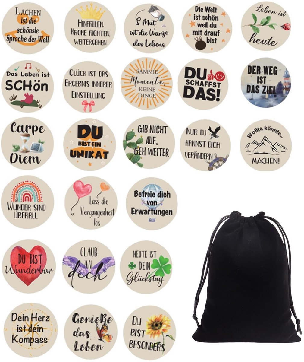 Dailygoods- Geluksbrengers 24 stuks - Houten Geluksbrenger - Ronde Mini-souvenirs - Inspirerende Citaten - Fluwelen Zakje - Tafeldecoratie - Gelukssteen