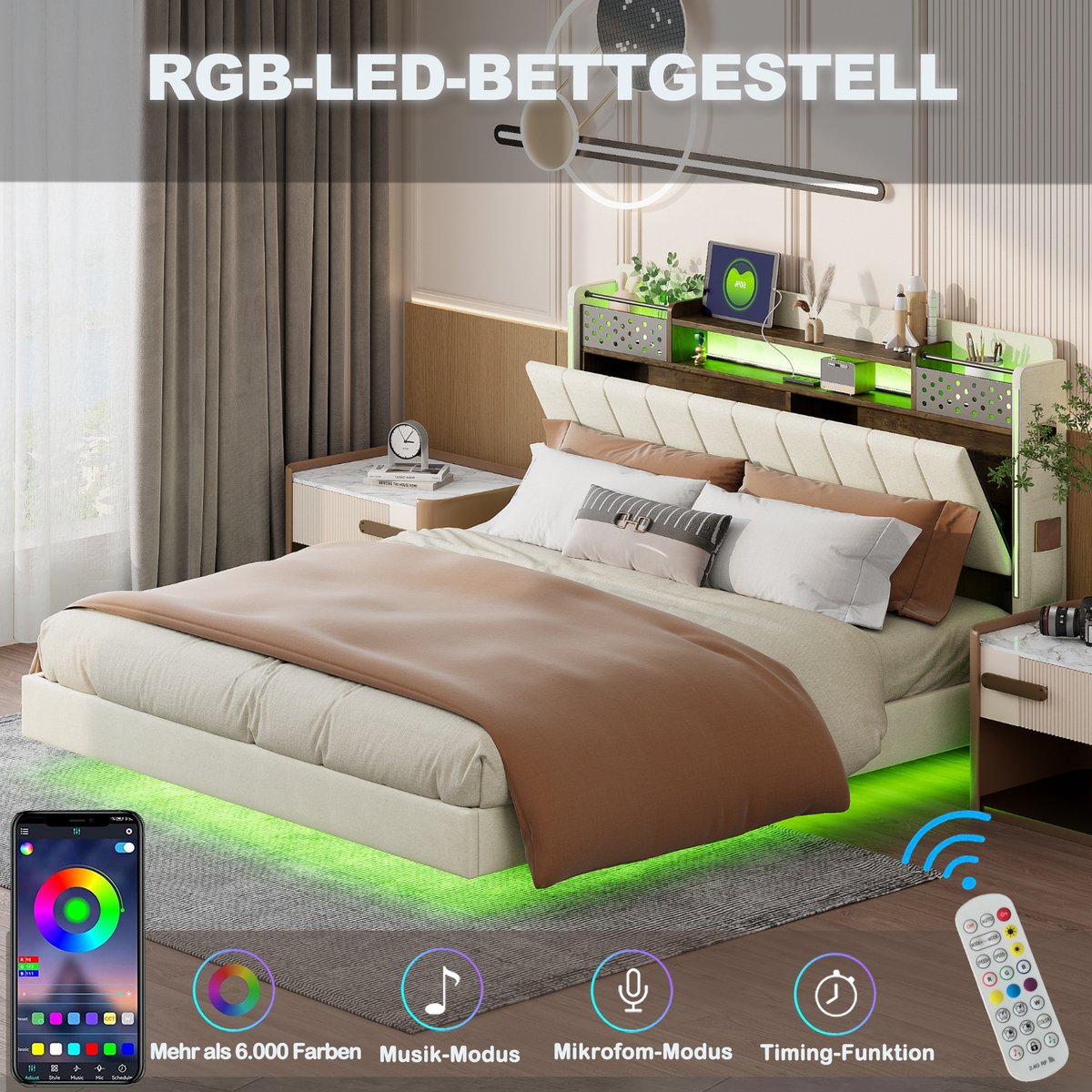 DESMIU Gestoffeerd Bed 140x200 cm – USB-Laadpunt En Ledlicht – Hoofdbord met Opbergruimte – Zwevend Design – Linnen – Beige – Zonder matras
