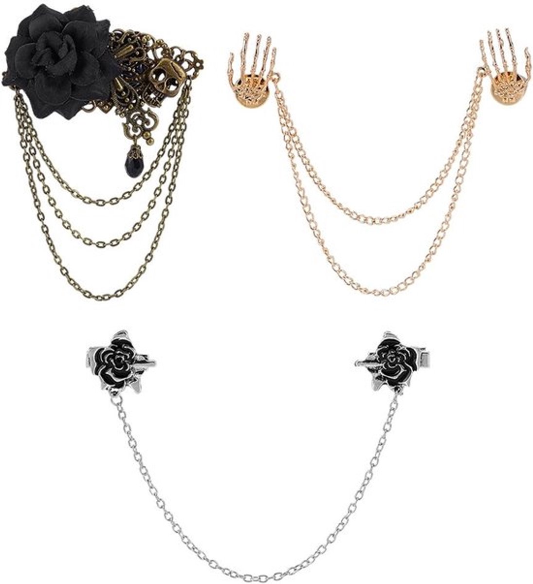 Dailygoods- Broche Vintage Doodshoofd/Roos/Kwast - 3 Stuks