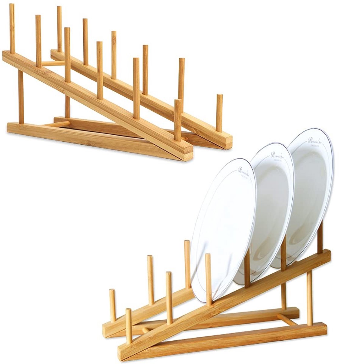 Dailygoods - Houten Afdruiprek Bamboe - Keuken Organizer - 2 Stuks - Bordenrek en Potdeksel Houder - Multifunctioneel - Geschikt voor Kopjes en Schalen