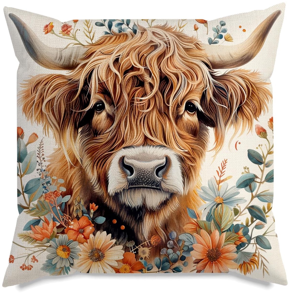 Dailygoods- Kussenhoes 45x45 cm - Duurzame Hooglander - Decoratieve Kussensloop - Bloemmotieven - Machinewasbaar - Rustieke Charme