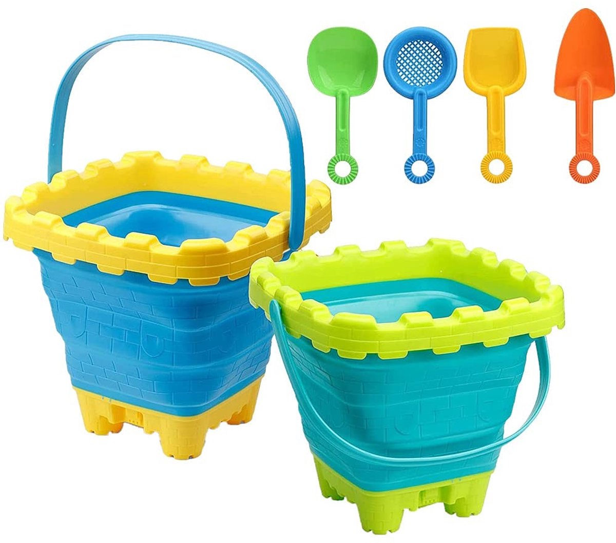 Dailygoods- Opvouwbare Emmer 2 Stuks - Siliconen Design - Ruimtebesparend - Zandkasteel Vorm - Geschikt voor Vakantie - Duurzaam en Lichtgewicht - Zandemmers