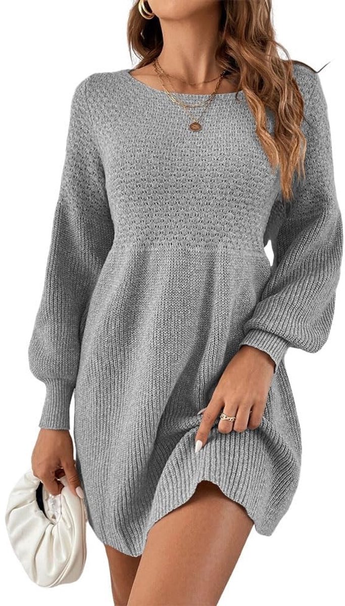 Dailygoods- Damesjurk Hoog Getailleerd - Gebreide Jurk - Pofmouwen - A-lijn - Mini-jurk - Casual/Comfortabel - Trui-jurk