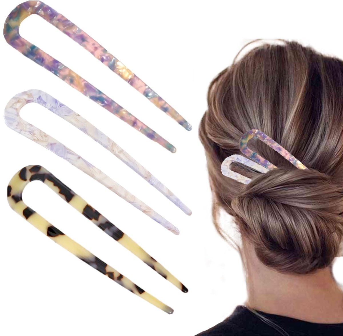 Dailygoods- Haarspelden U-vormig - 3 Stuks - Celluloseacetaat - Perfect Cadeau - Haaraccessoires Vrouwen - Verfijning voor Kapsels