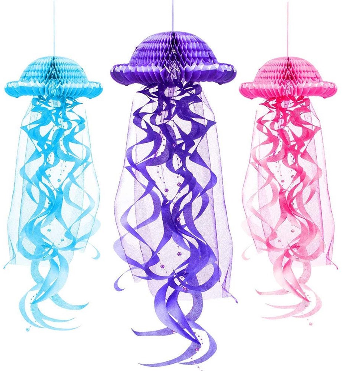 Dailygoods- Lantaarns 3 stuks - Papieren Kwallen Ornamenten - Opknoping Decoratie - Oceaan Thema - Lichtgewicht en Makkelijk te Bevestigen
