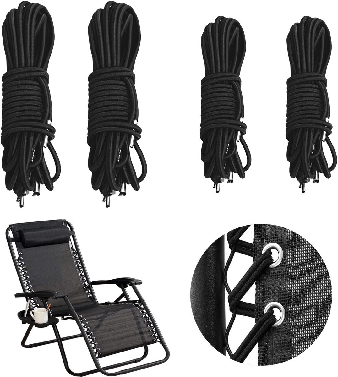 Dailygoods- Vervangingskoord Set van 4 - Universele Vervanging - Elastische Koorden - Reparatie Tool Kit - Tuinstoelen - Hoge Kwaliteit Oxford - Tuinstoelkoord